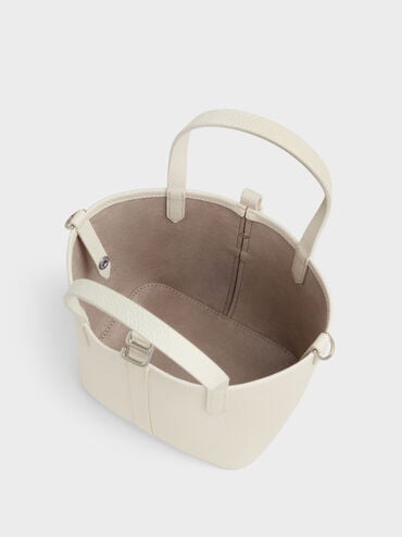 Beryl Recycled Leather Double-Handle Belted Bucket Bag, Cream, hi-res