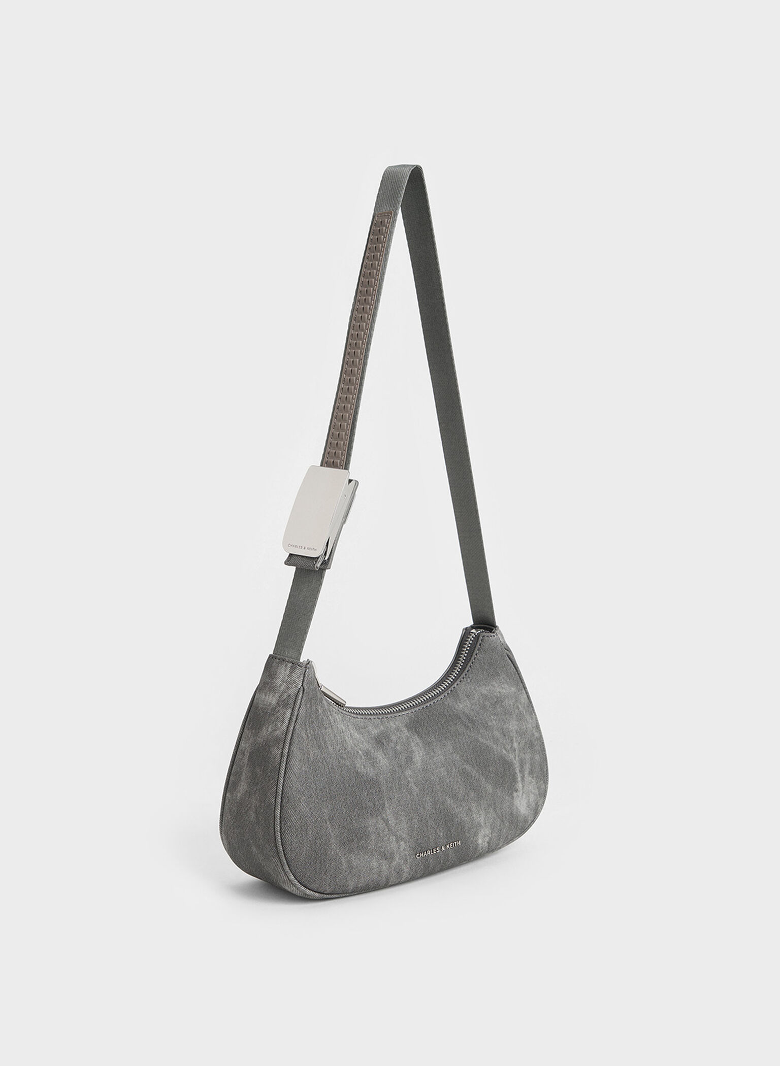Denim Curved Metallic-Accent Shoulder Bag, Dark Grey, hi-res