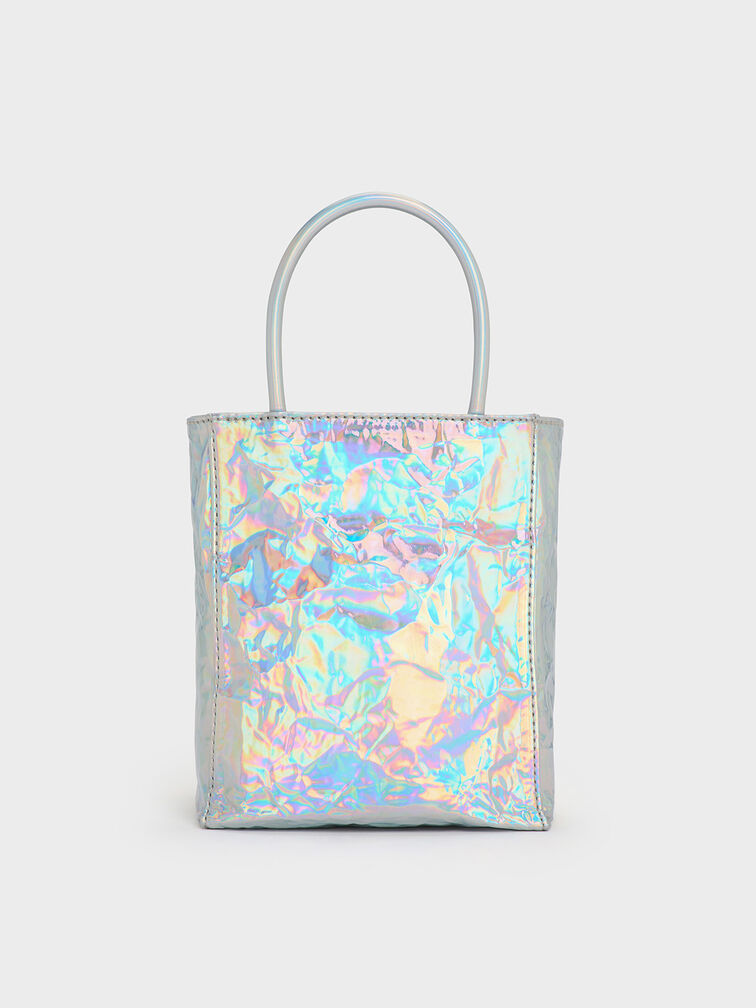 Matina Holographic Crinkle-Effect ?Elongated Tote Bag, Prism Silver, hi-res