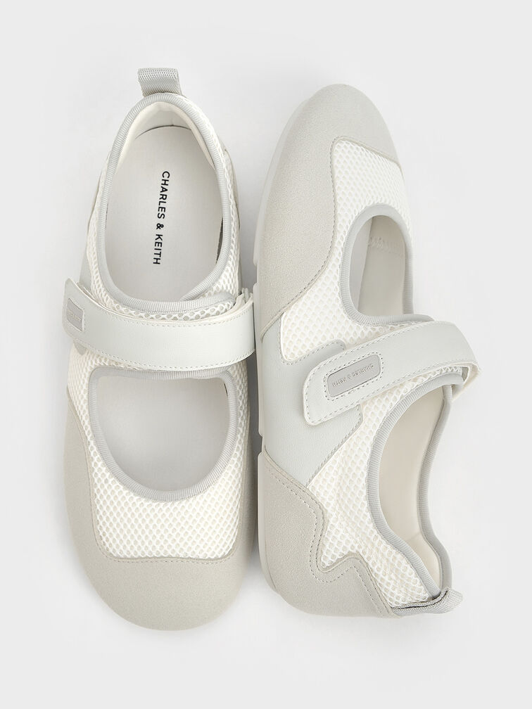 Mesh Contrast-Panel Mary Jane Sneakers, White, hi-res
