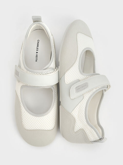 Mesh Contrast-Panel Mary Jane Sneakers, White, hi-res