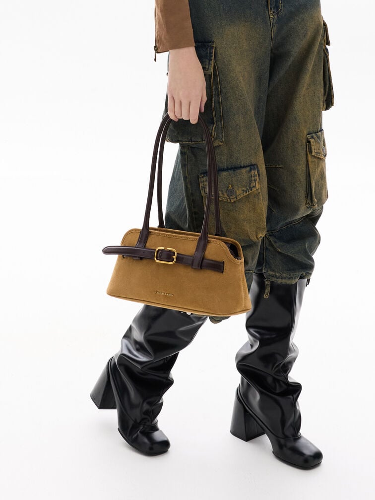Victoria Recycled Suede Belted Elongated Shoulder Bag, Sahara Sand, hi-res