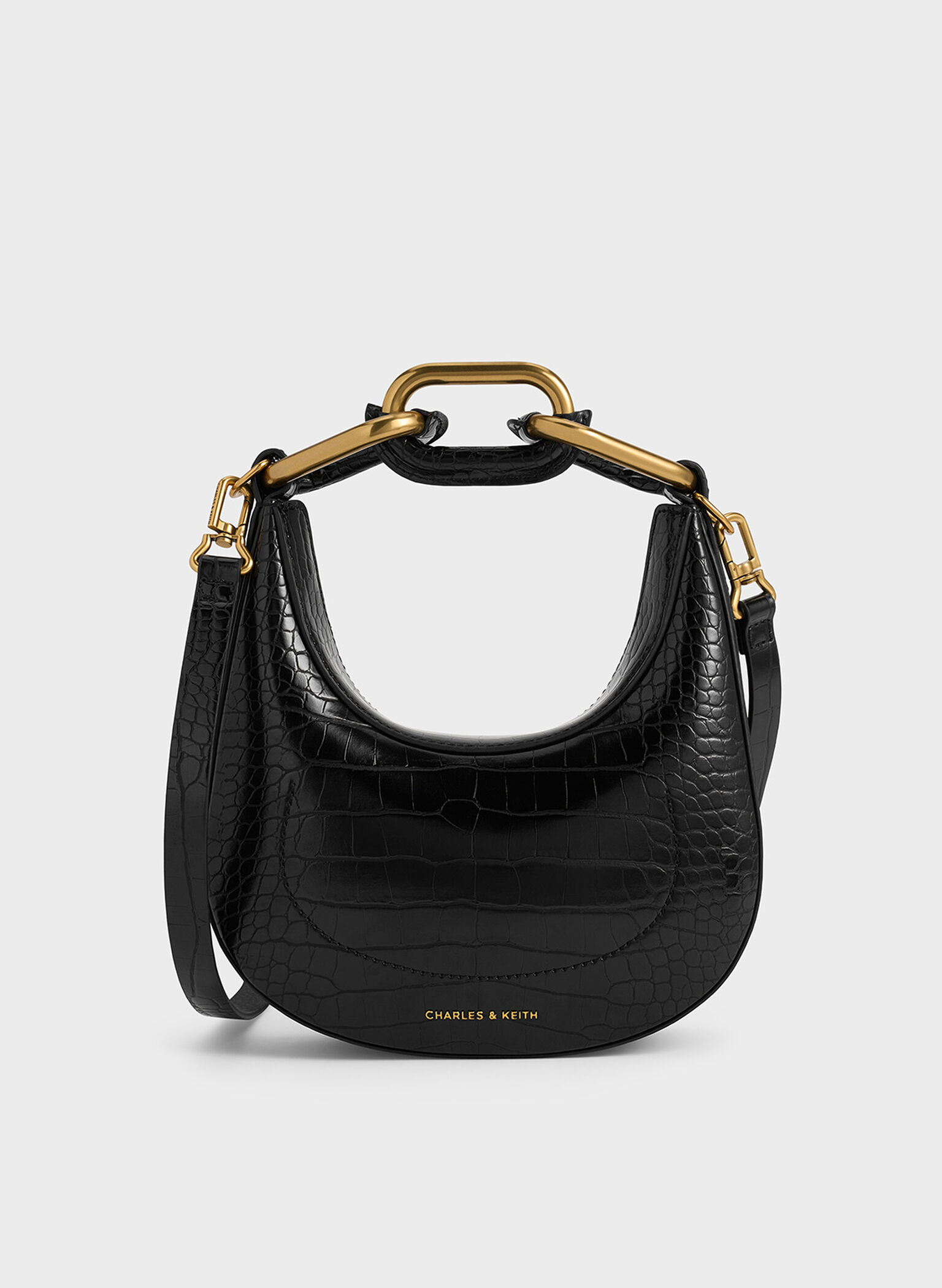 Mini Kora Croc-Effect Chain-Link Moon Bag, Black, hi-res