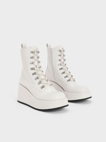 Lace-Up Platform Wedge Ankle Boots, White, hi-res