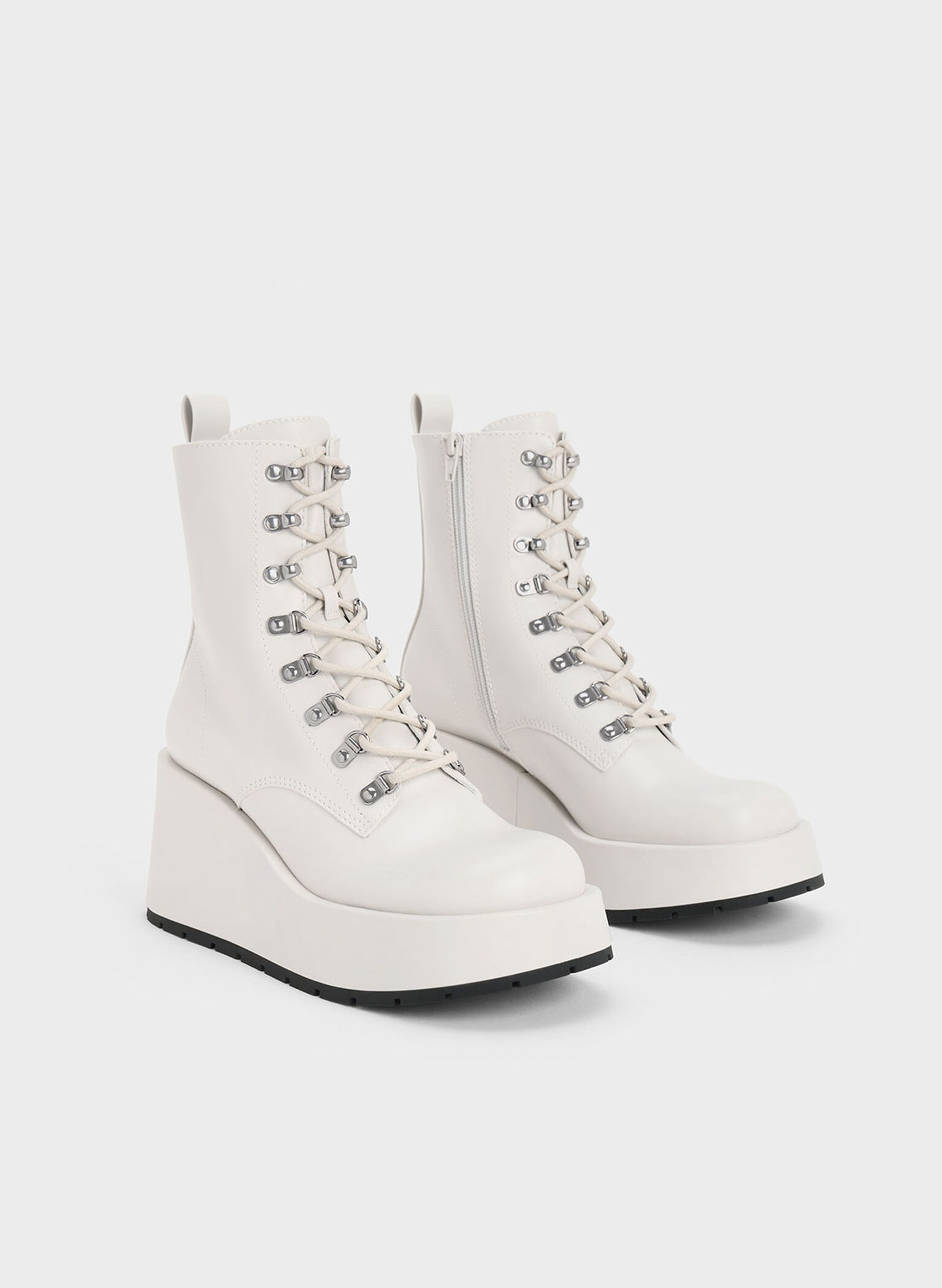 Lace-Up Platform Wedge Ankle Boots, White, hi-res