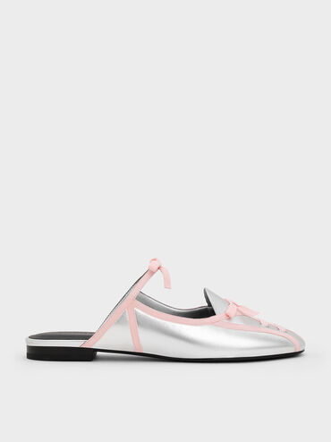 Metallic Lace-Up Bow Ballet Mules, Silver, hi-res