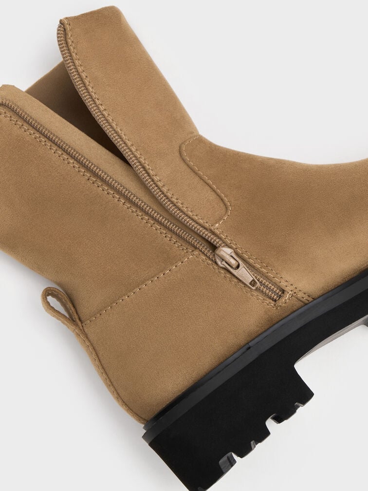 Devan Faux Suede Side-Zip Ridged-Sole Calf Boots, Camel, hi-res