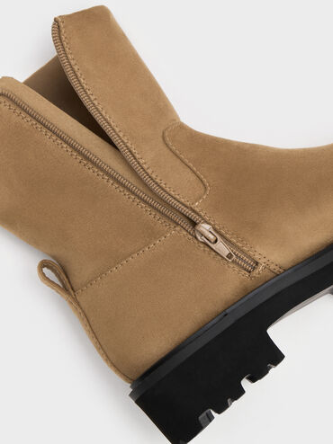 Devan Faux Suede Side-Zip Ridged-Sole Calf Boots, Camel, hi-res