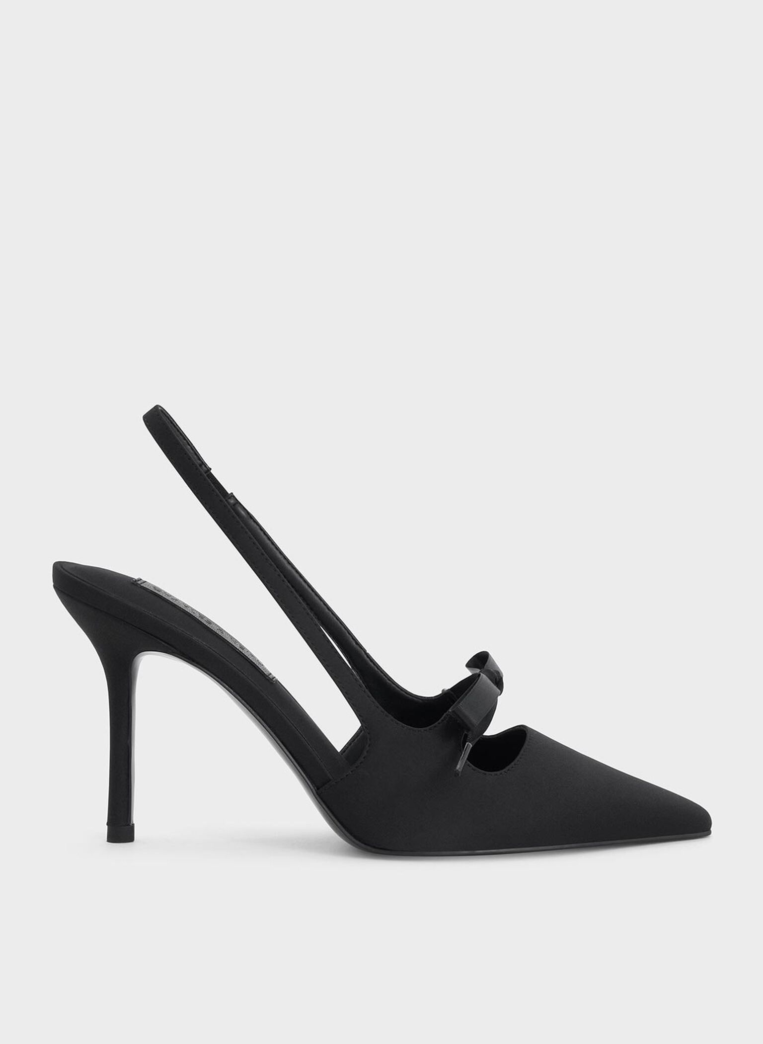 Satin Bow Pointed-Toe Slingback Pumps, Black Textured, hi-res