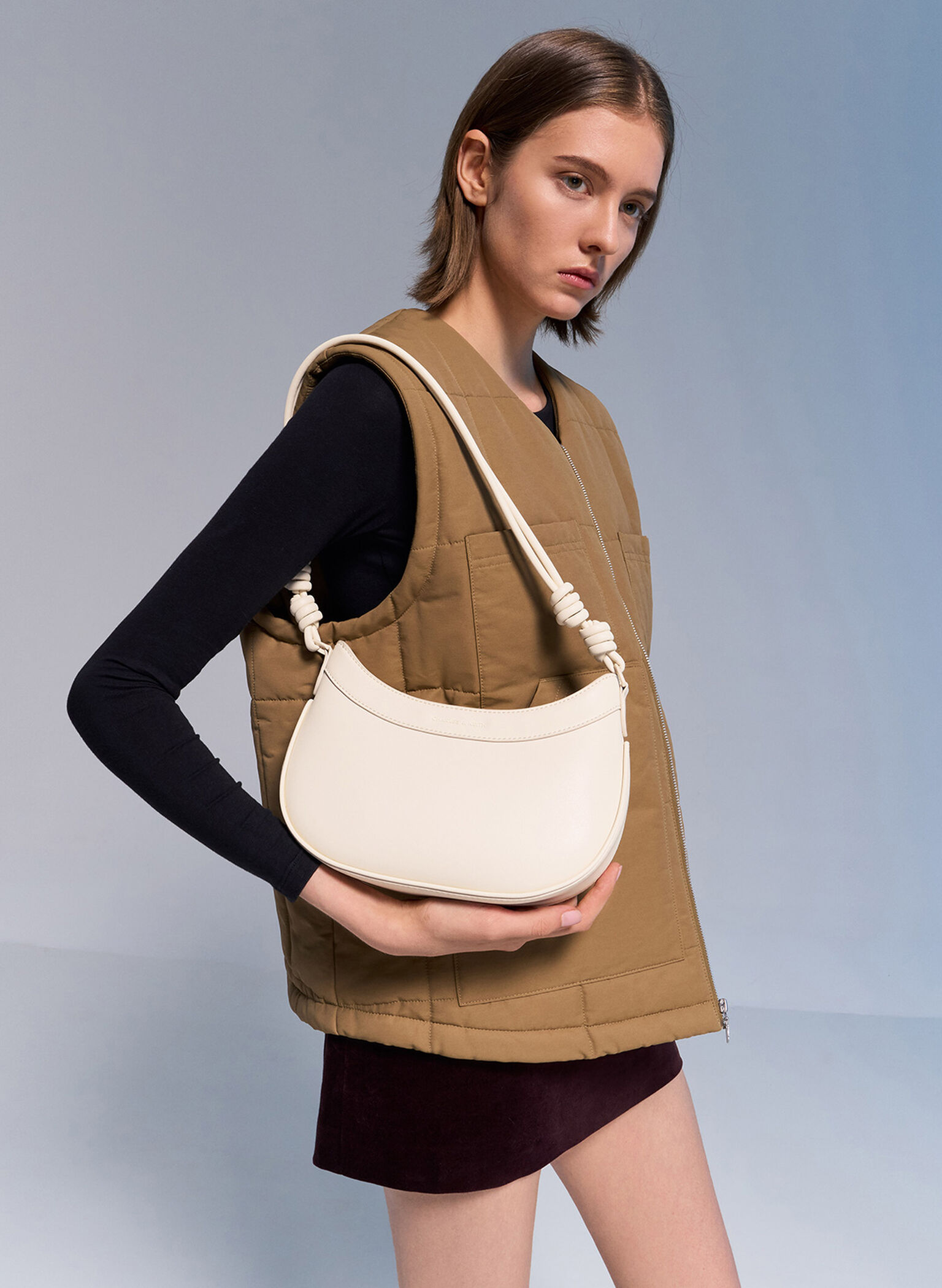 Sabine Knotted-Strap Curved Shoulder Bag, Cream, hi-res