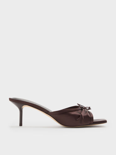 Satin Ruched Bow Heeled Mules, Dark Brown, hi-res