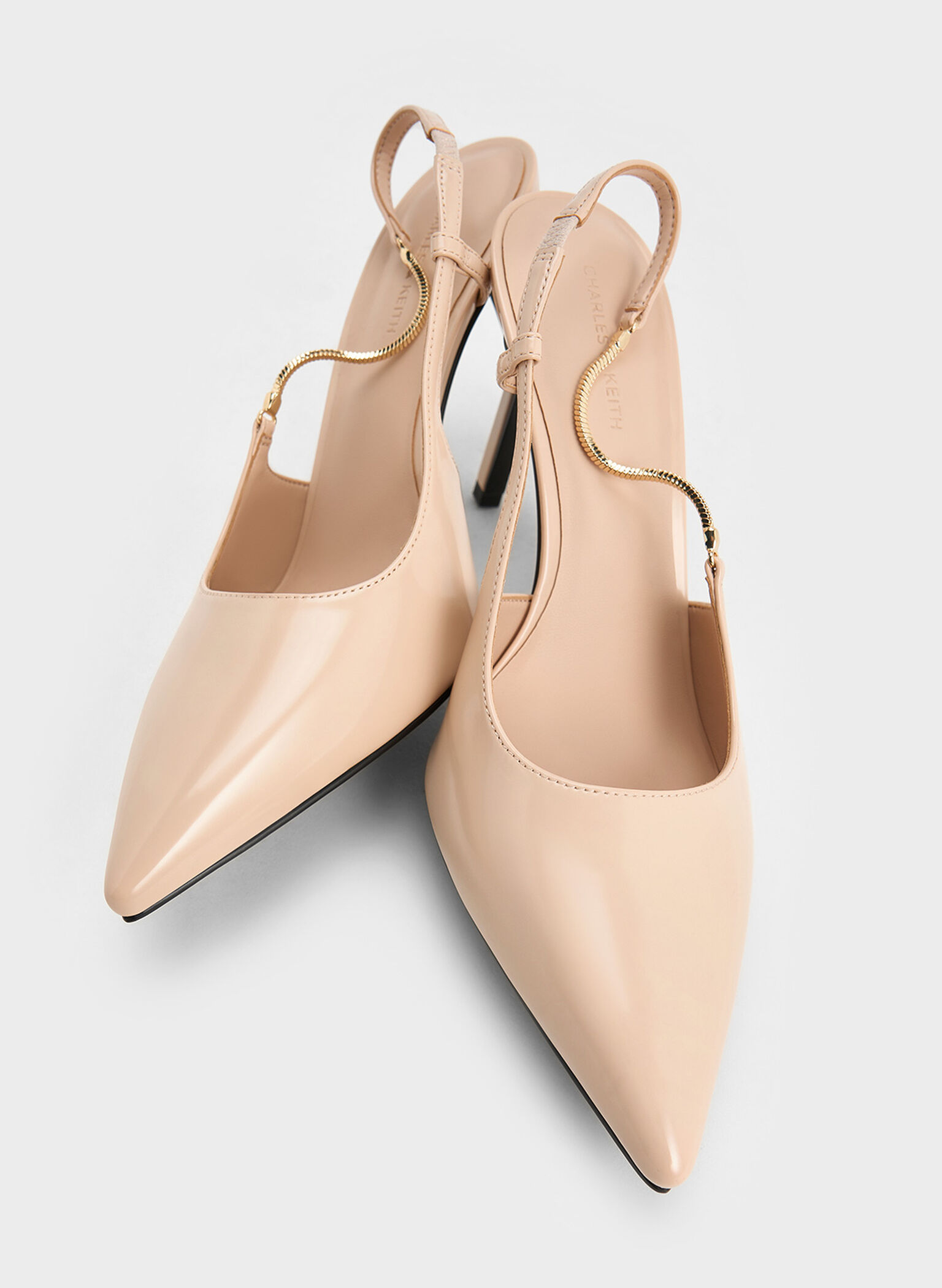 Chain-Strap Pointed-Toe Slingback Pumps, Nude, hi-res