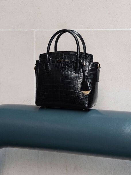 Croc-Effect Trapeze Tote Bag, Black, hi-res