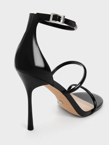 Patent Leather Triple Strap Heeled Sandals, Black Patent, hi-res