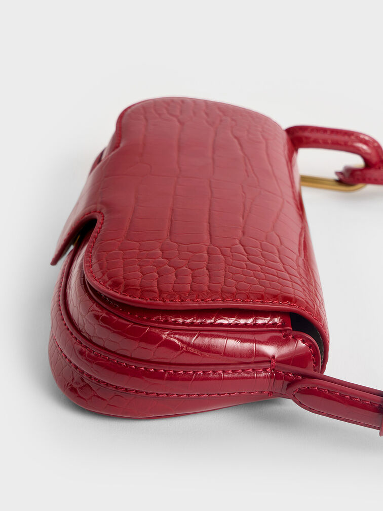 Mini Kora Croc-Effect Metallic-Accent Elongated Bag, Crimson, hi-res