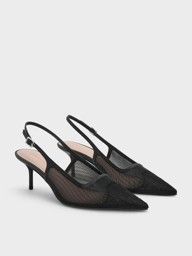 Mesh & Lace Pointed-Toe Slingback Pumps, Black Textured, hi-res