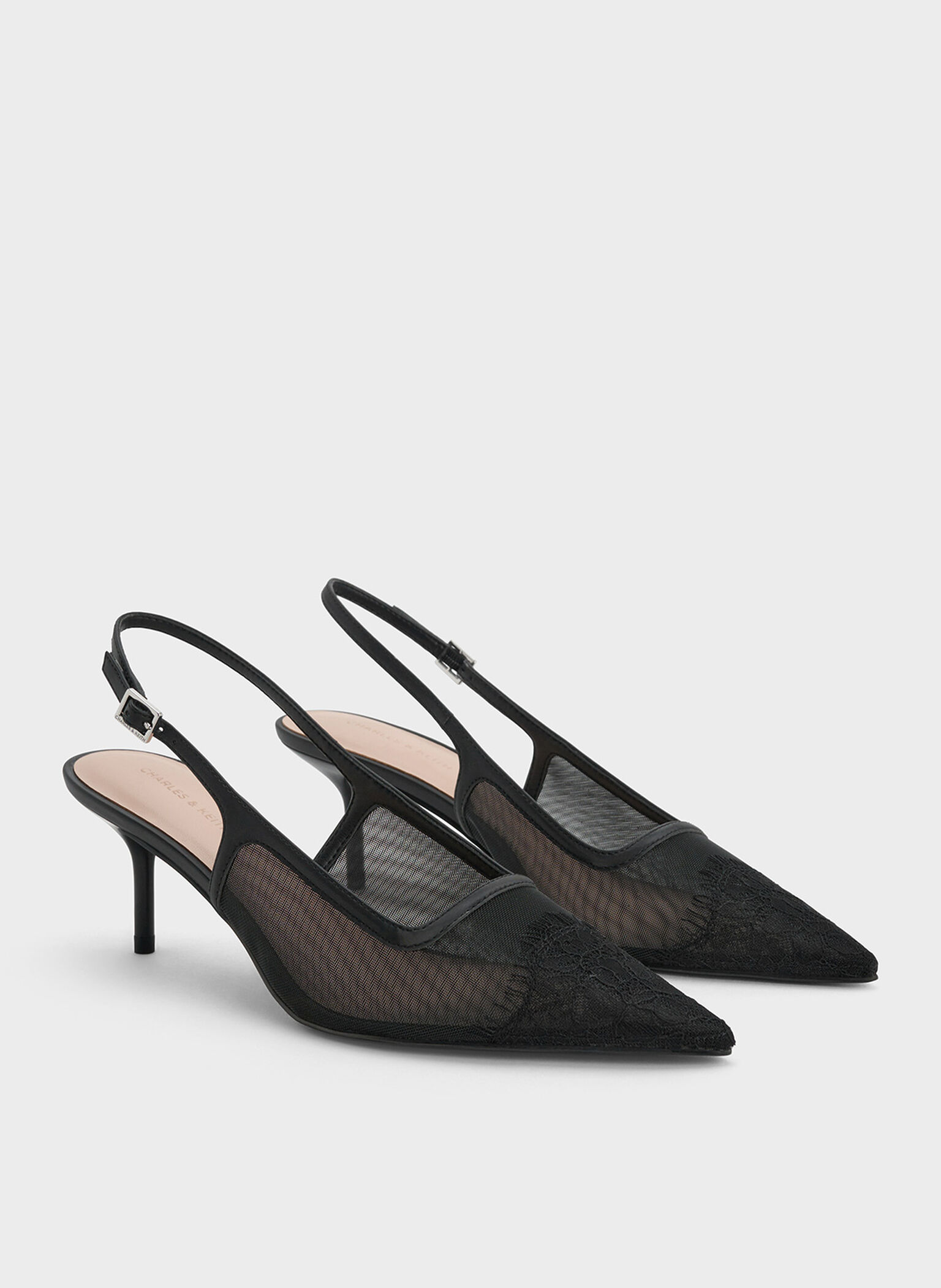 Mesh & Lace Pointed-Toe Slingback Pumps, Black Textured, hi-res