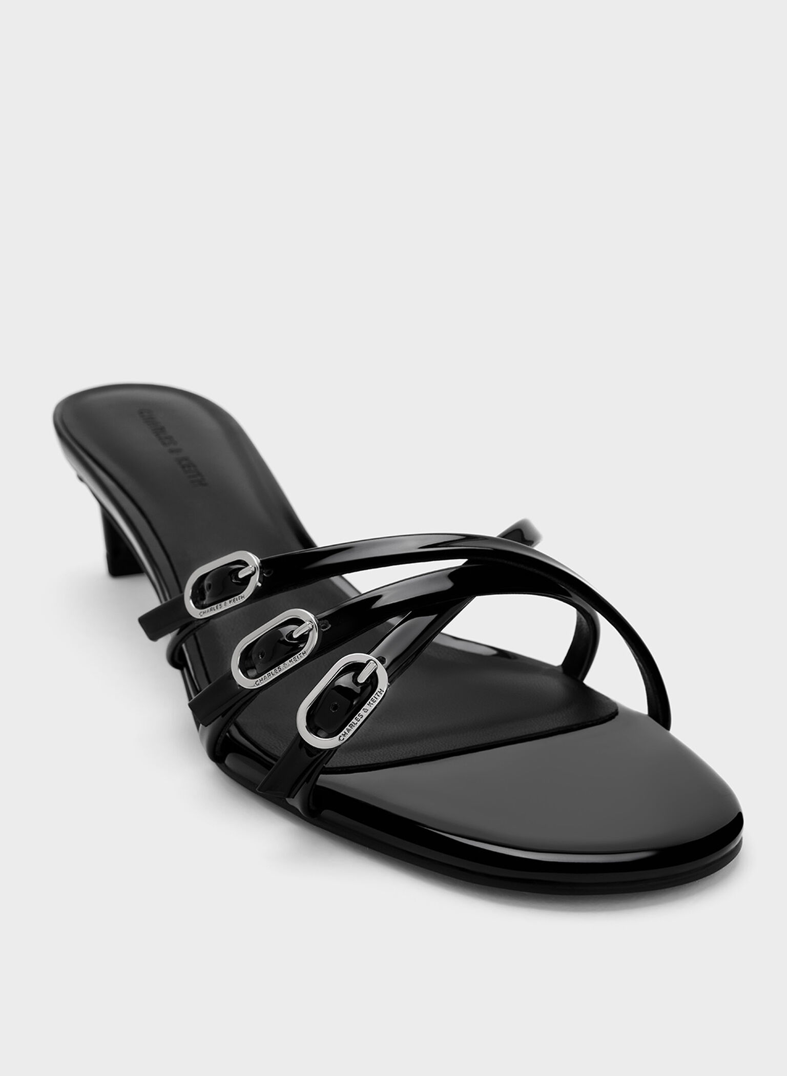 Patent Buckled Strappy Kitten-Heel Mules, Black Patent, hi-res