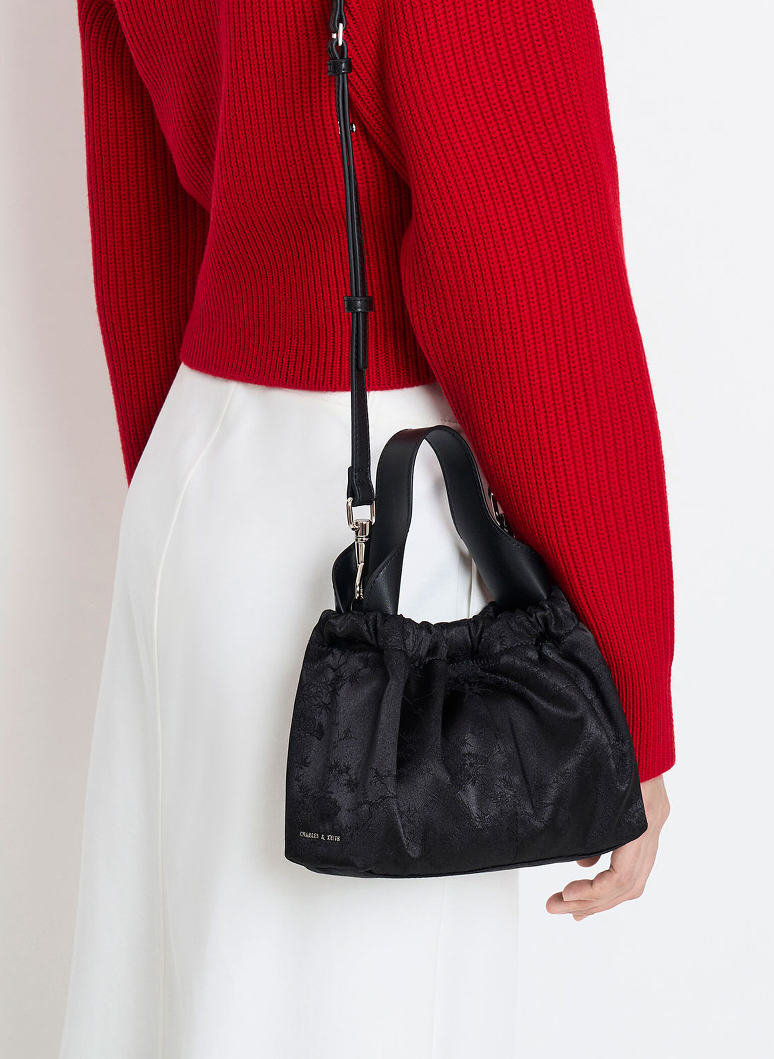 Ally Satin Floral-Print Ruched Bag, Noir, hi-res