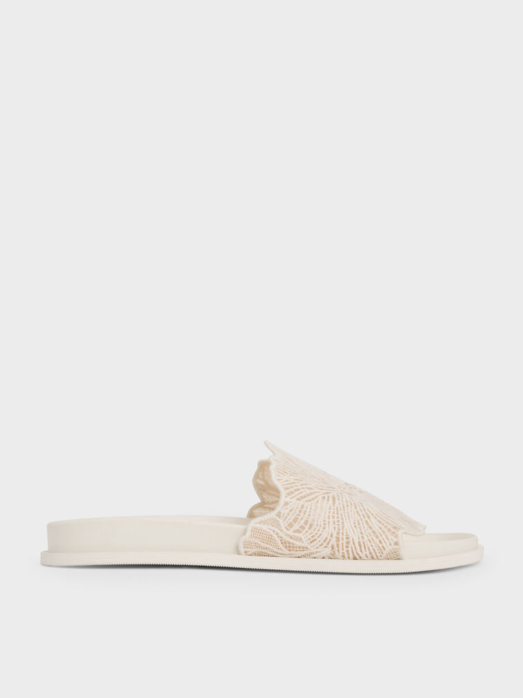 Crochet Floral Slide Sandals, White, hi-res