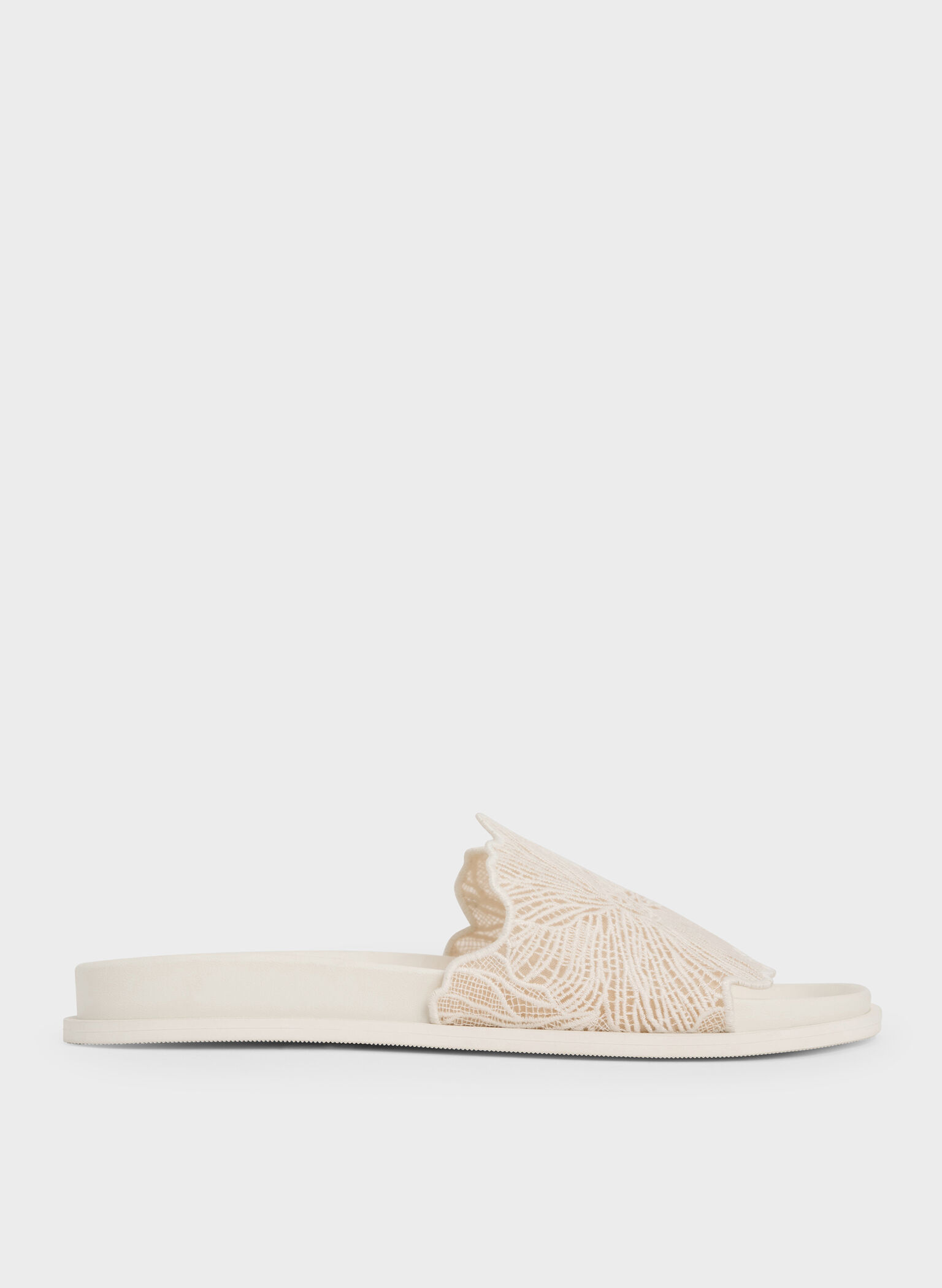 Crochet Floral Slide Sandals, White, hi-res
