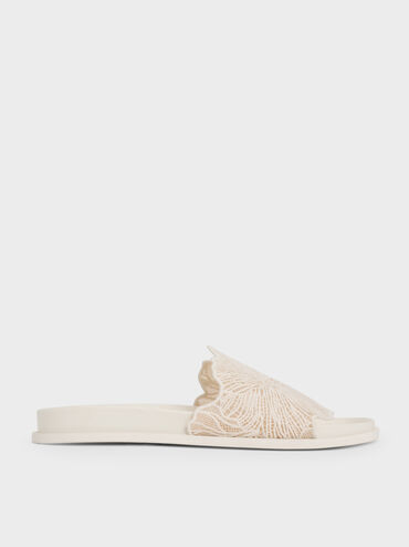 Crochet Floral Slide Sandals, White, hi-res