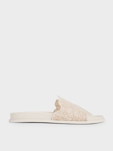Crochet Floral Slide Sandals, White, hi-res