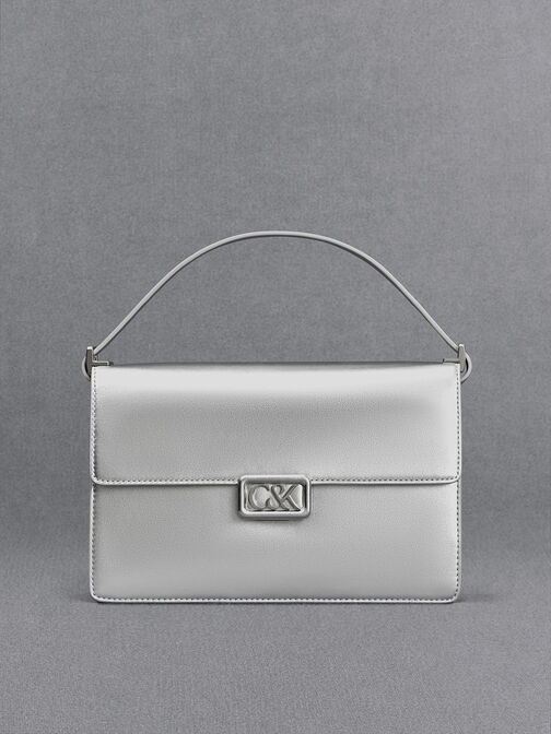 Metallic Leather Shoulder Bag, Silver, hi-res