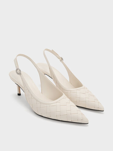 Woven Pointed-Toe Slingback Pumps, Chalk, hi-res