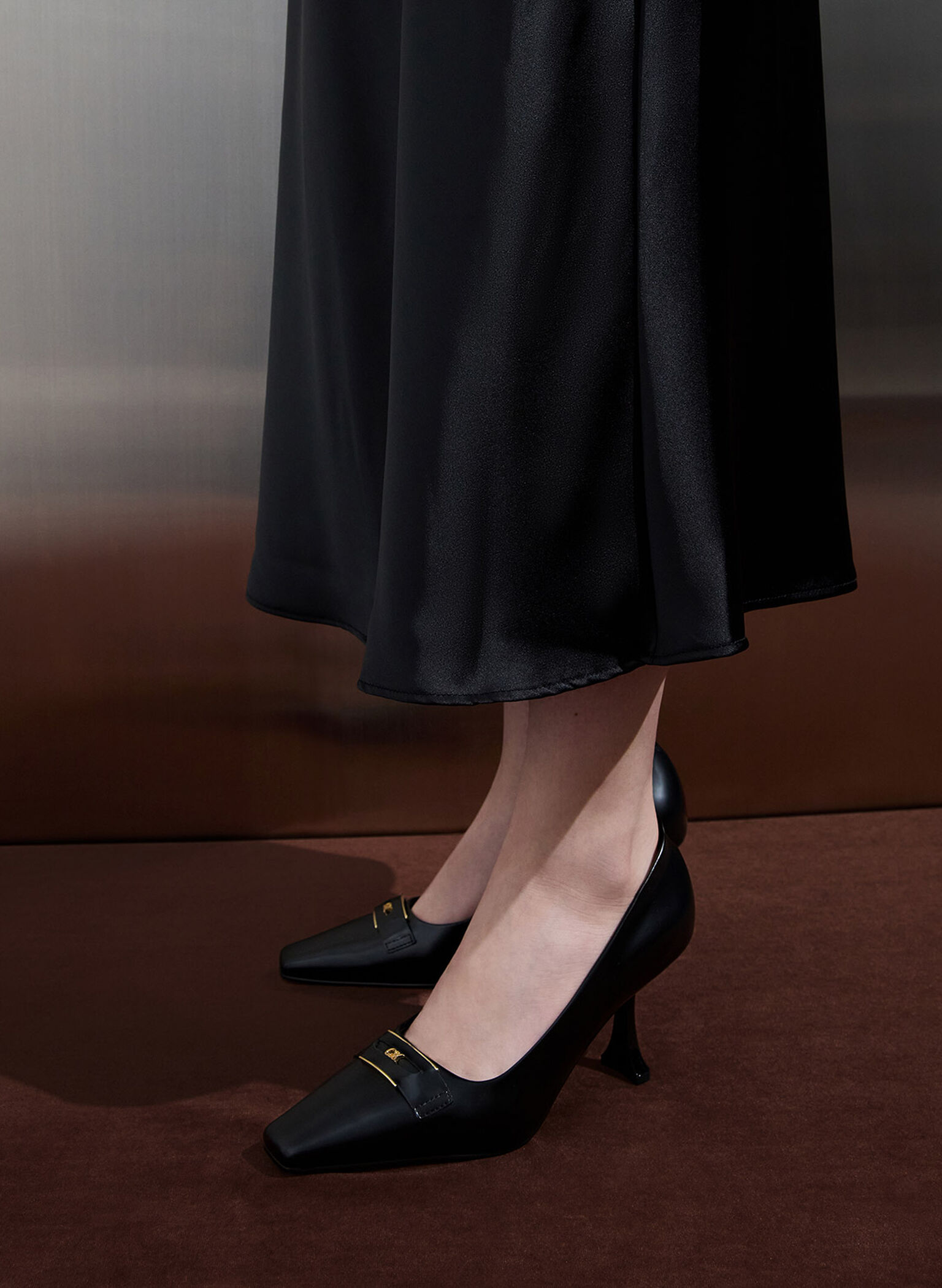 Leather Sculptural-Heel Square-Toe Pumps, Black Box, hi-res