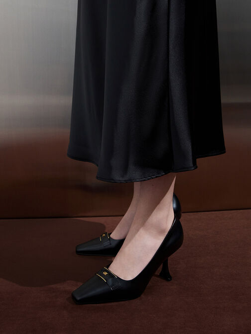 Leather Sculptural-Heel Square-Toe Pumps, Black Box, hi-res