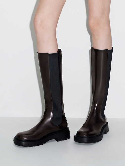 Zip-Up Chelsea Knee Boots, Dark Brown, hi-res
