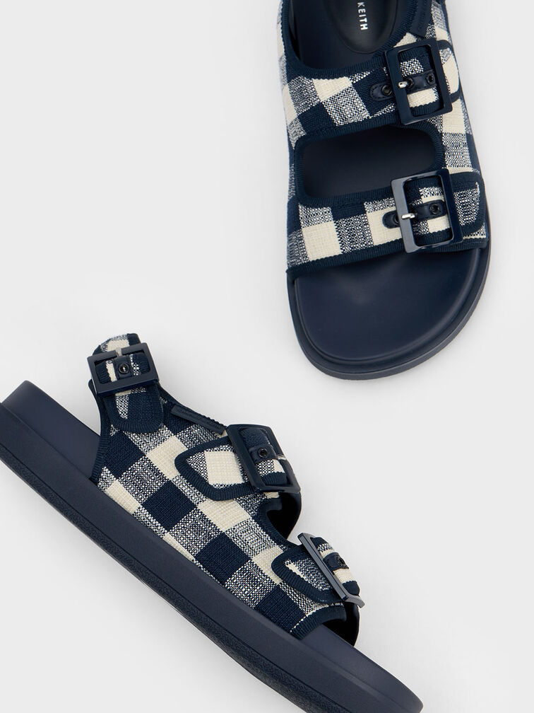 Della Gingham Buckled Flatform Sandals, Dark Blue, hi-res