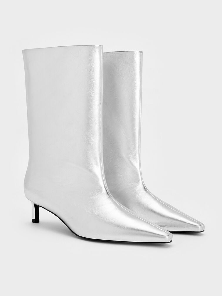 Metallic Elongated Tapered-Toe Kitten-Heel Calf Boots, Silver, hi-res