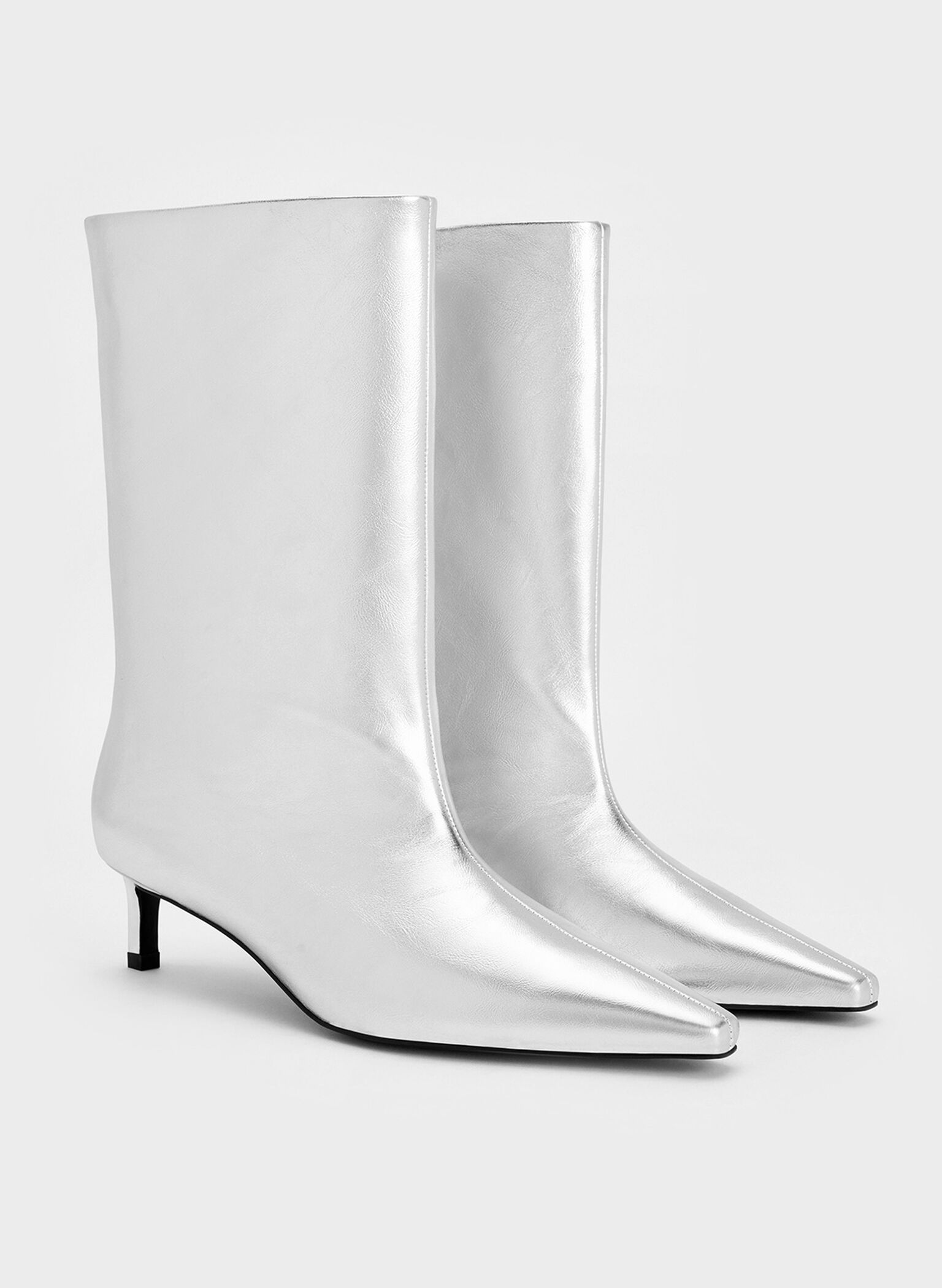 Metallic Elongated Tapered-Toe Kitten-Heel Calf Boots, Silver, hi-res
