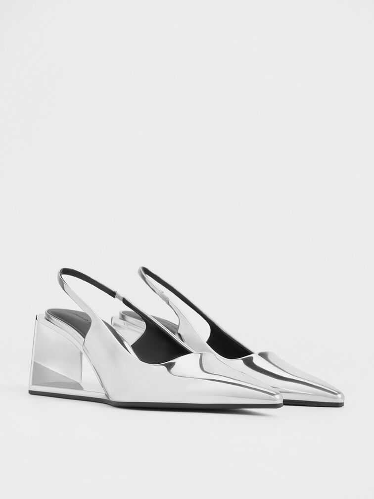 Xeli Metallic Triangle-Heel Slingback Pumps, Silver, hi-res