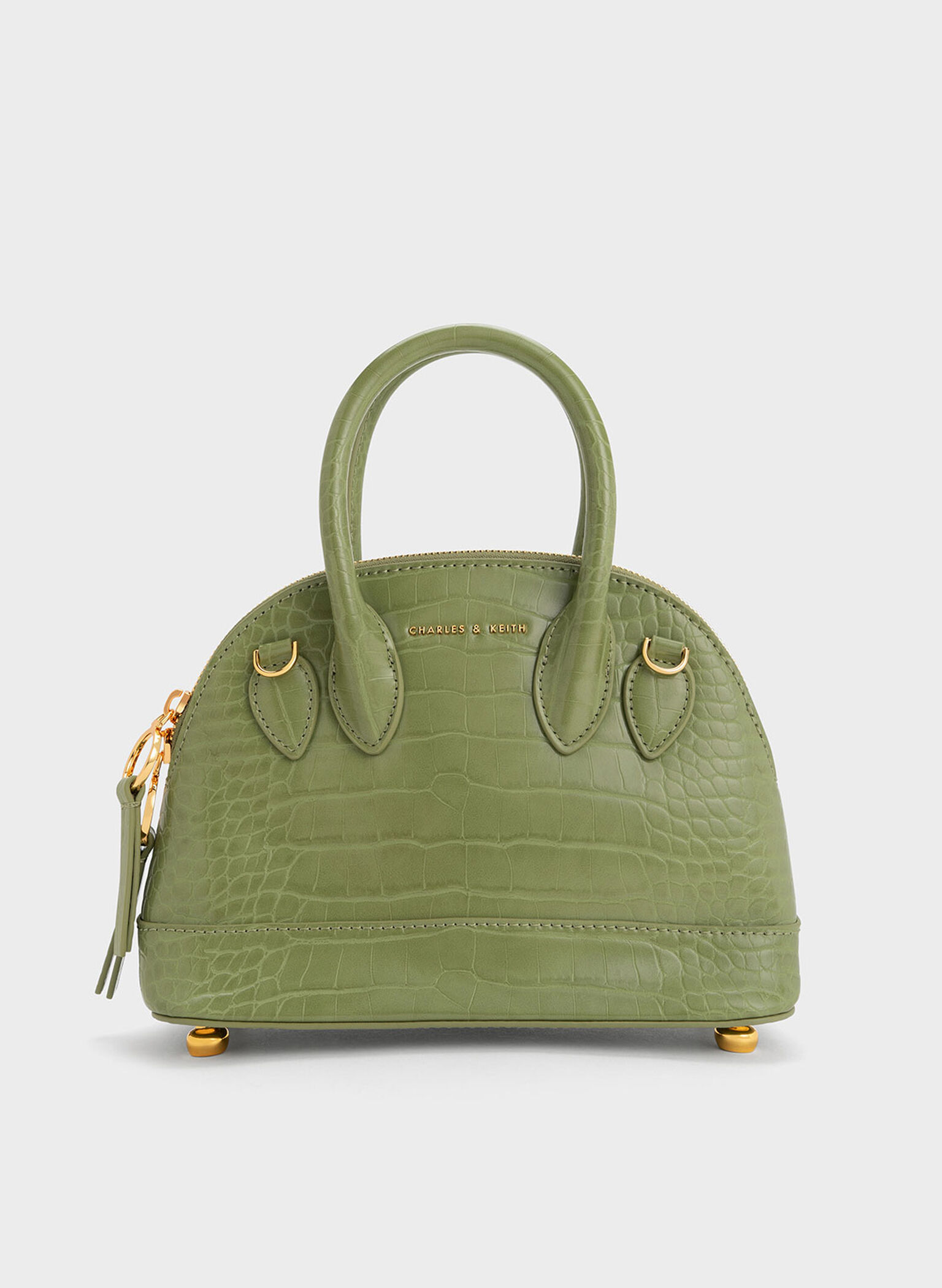 Harmonee Croc-Embossed Bowling Bag, Olive, hi-res