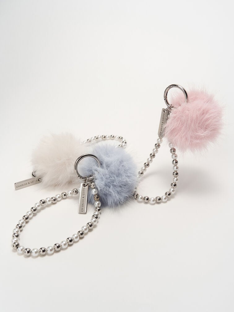 Pearl Beaded-Strap Furry Ball Charm, Sea Salt Blue, hi-res