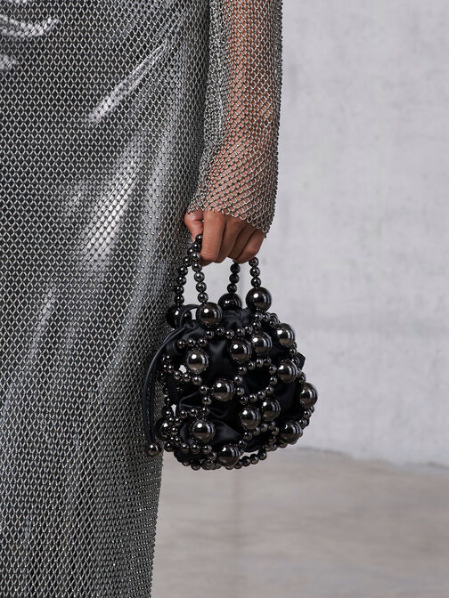 Beaded Top Handle Bag, Jet Black, hi-res