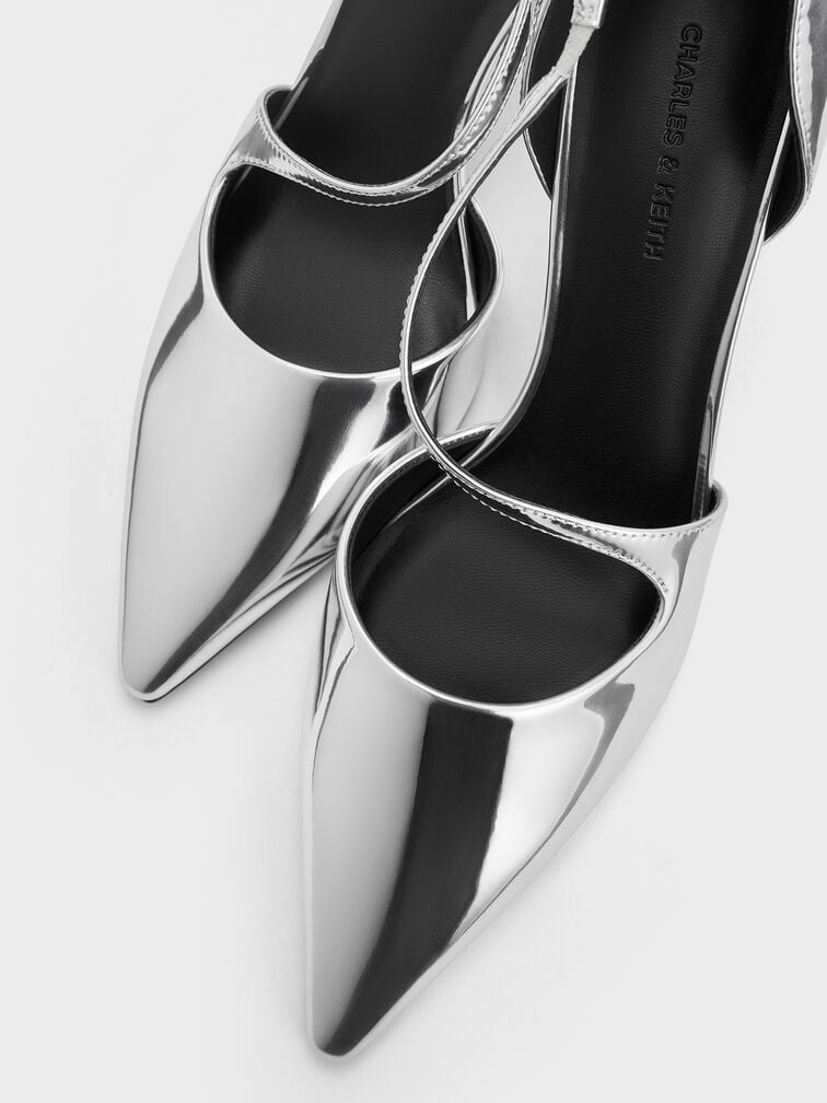 Metallic Asymmetric-Strap D’Orsay Stiletto Pumps, Silver, hi-res