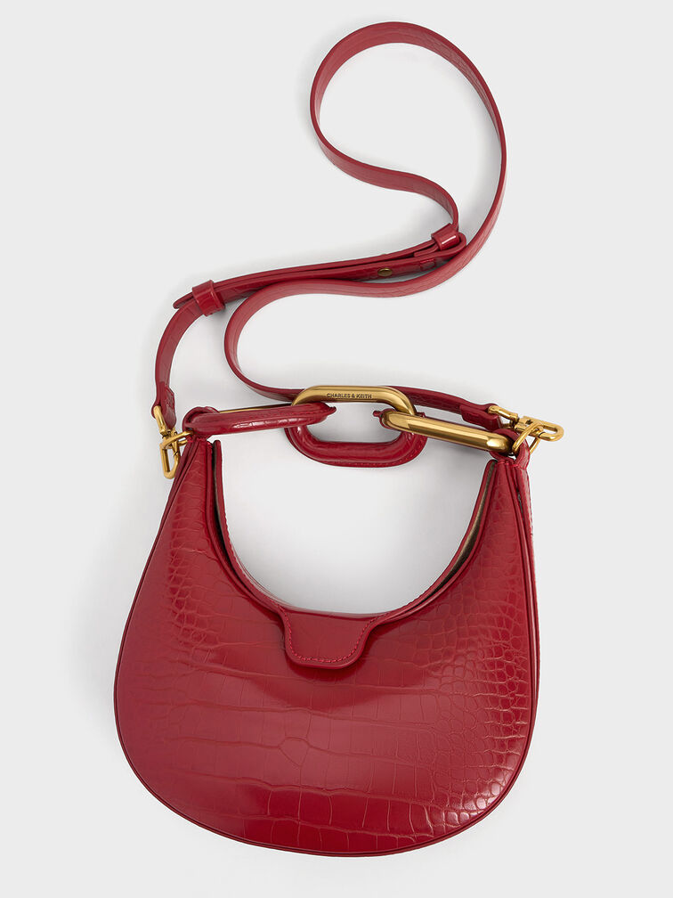 Mini Kora Croc-Effect Chain-Link Moon Bag, Crimson, hi-res