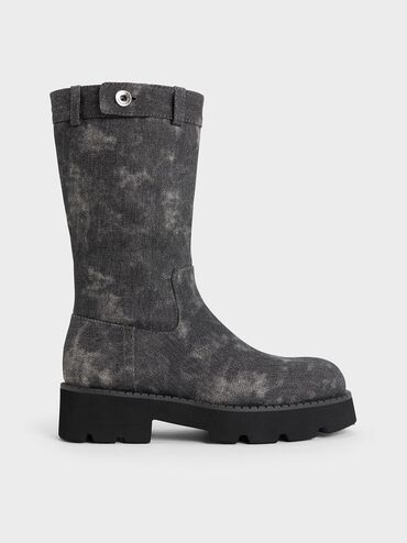 Denim Side-Zip Lug-Sole Calf Boots, Dark Grey, hi-res