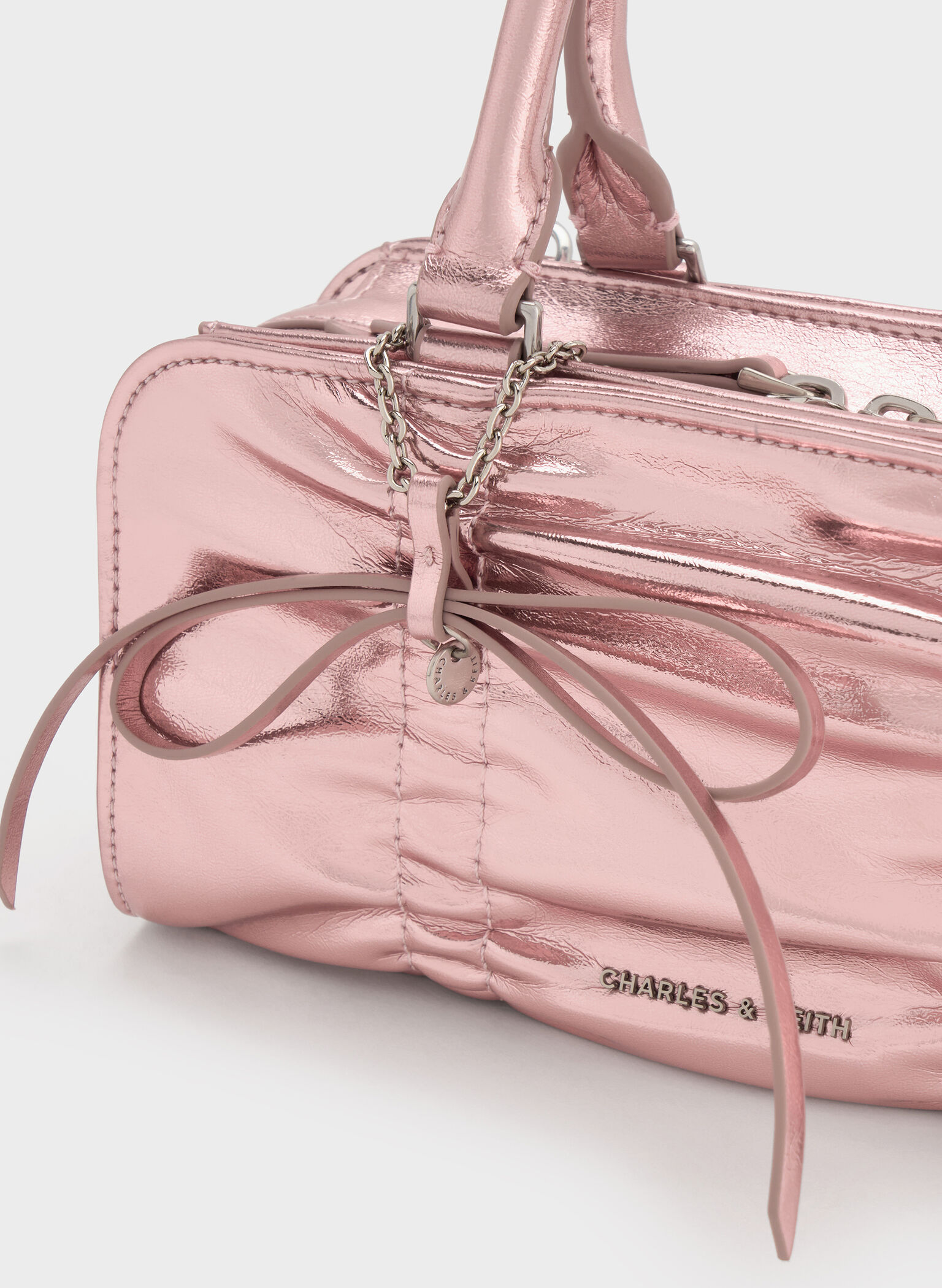 Kadee Metallic Ruched Bow-Charm Bowling Bag, Aura Pink, hi-res