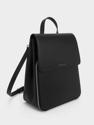 Front Flap Structured Backpack, Noir, hi-res