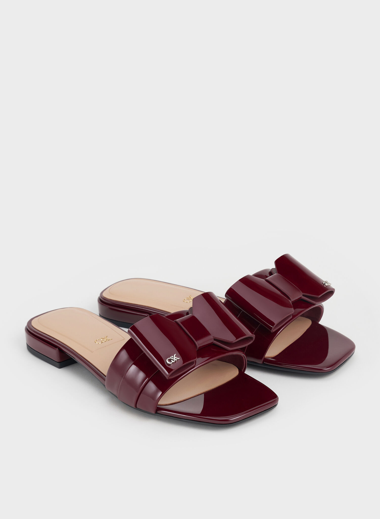 Lu Patent Leather Bow Slide Sandals, Burgundy, hi-res