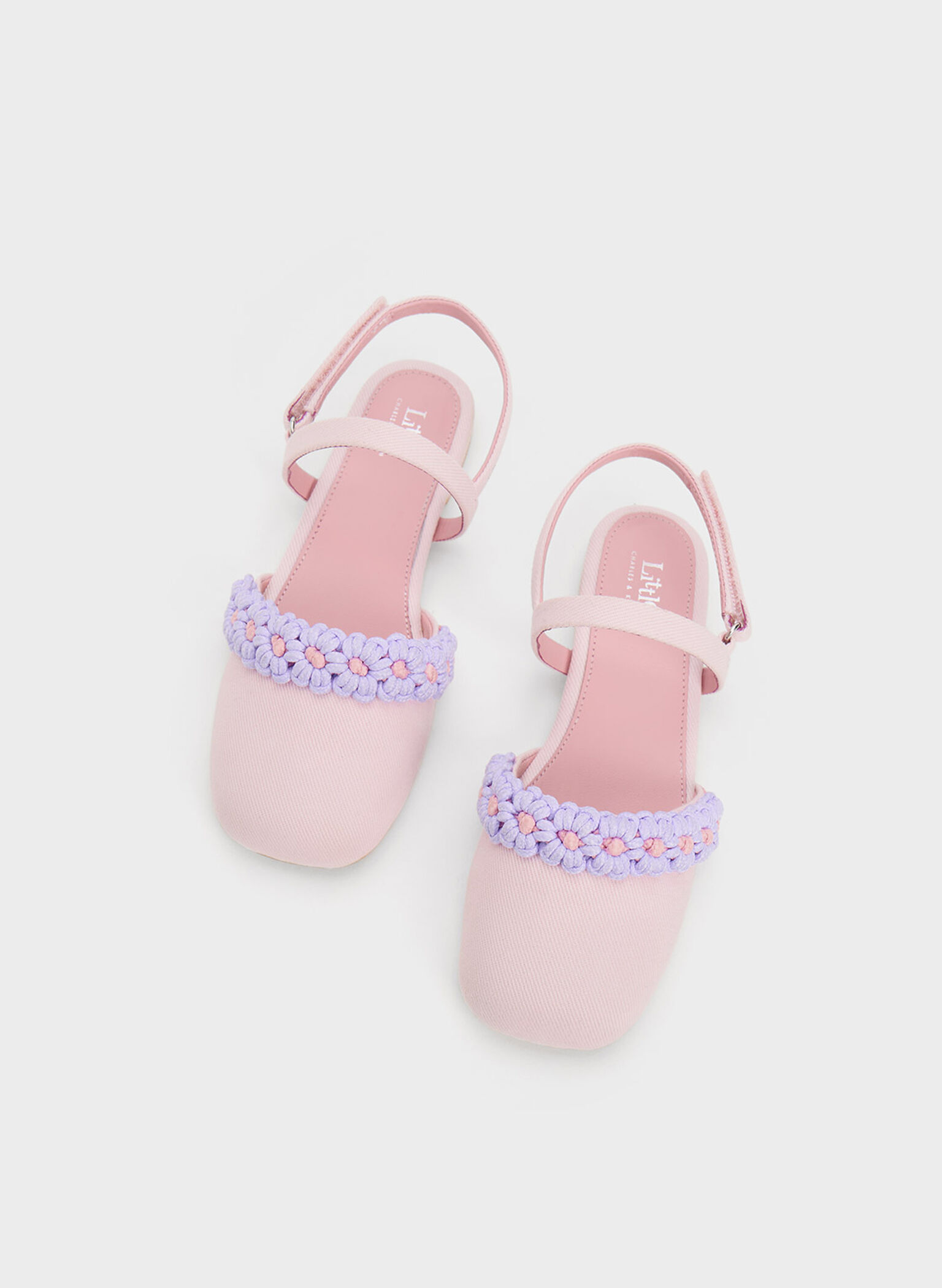 Girls' Floral Crochet Denim Slingback Flats, Pink, hi-res