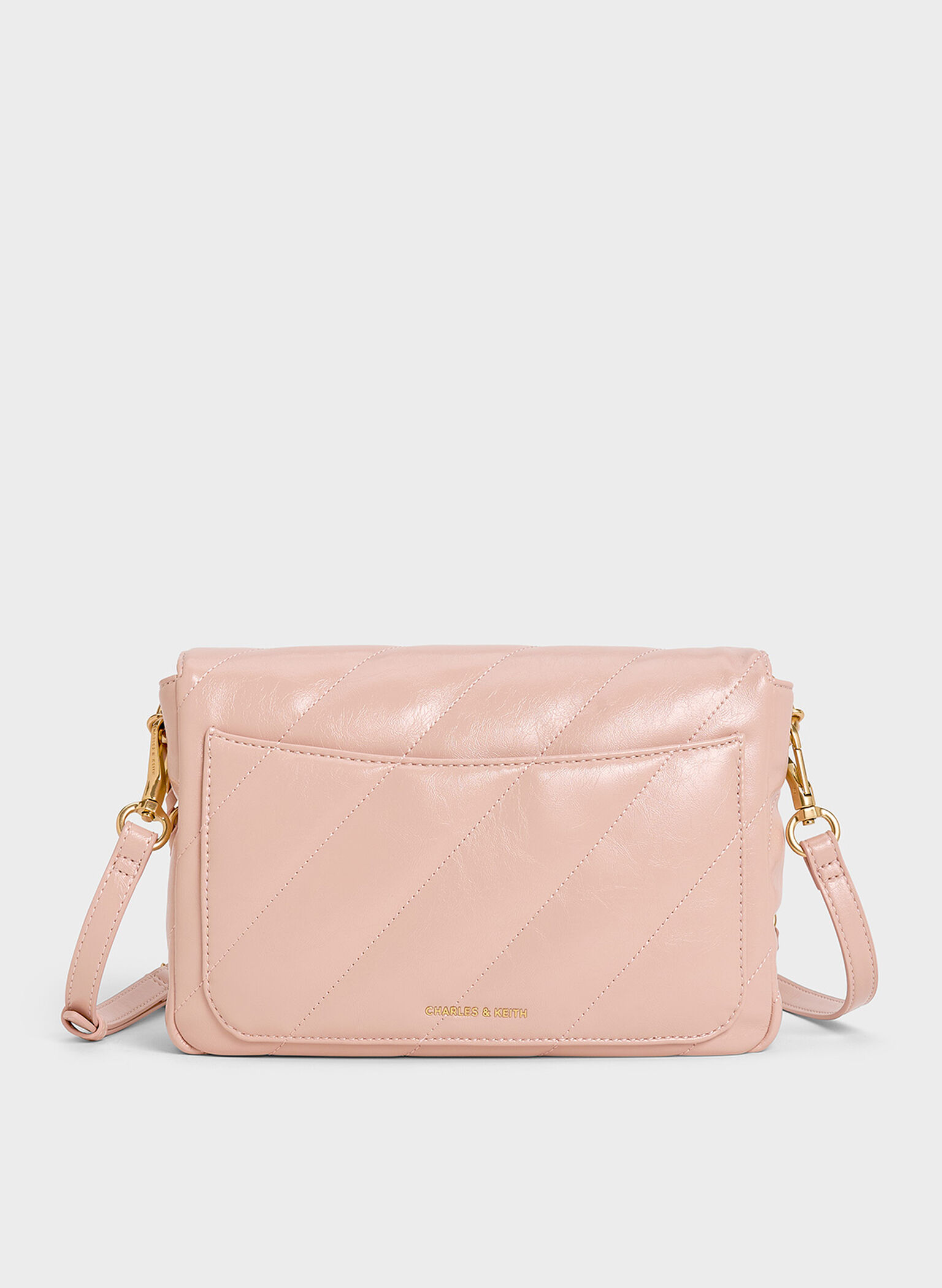 Fawn Panelled Front Flap Chain-Handle Bag, Light Pink, hi-res
