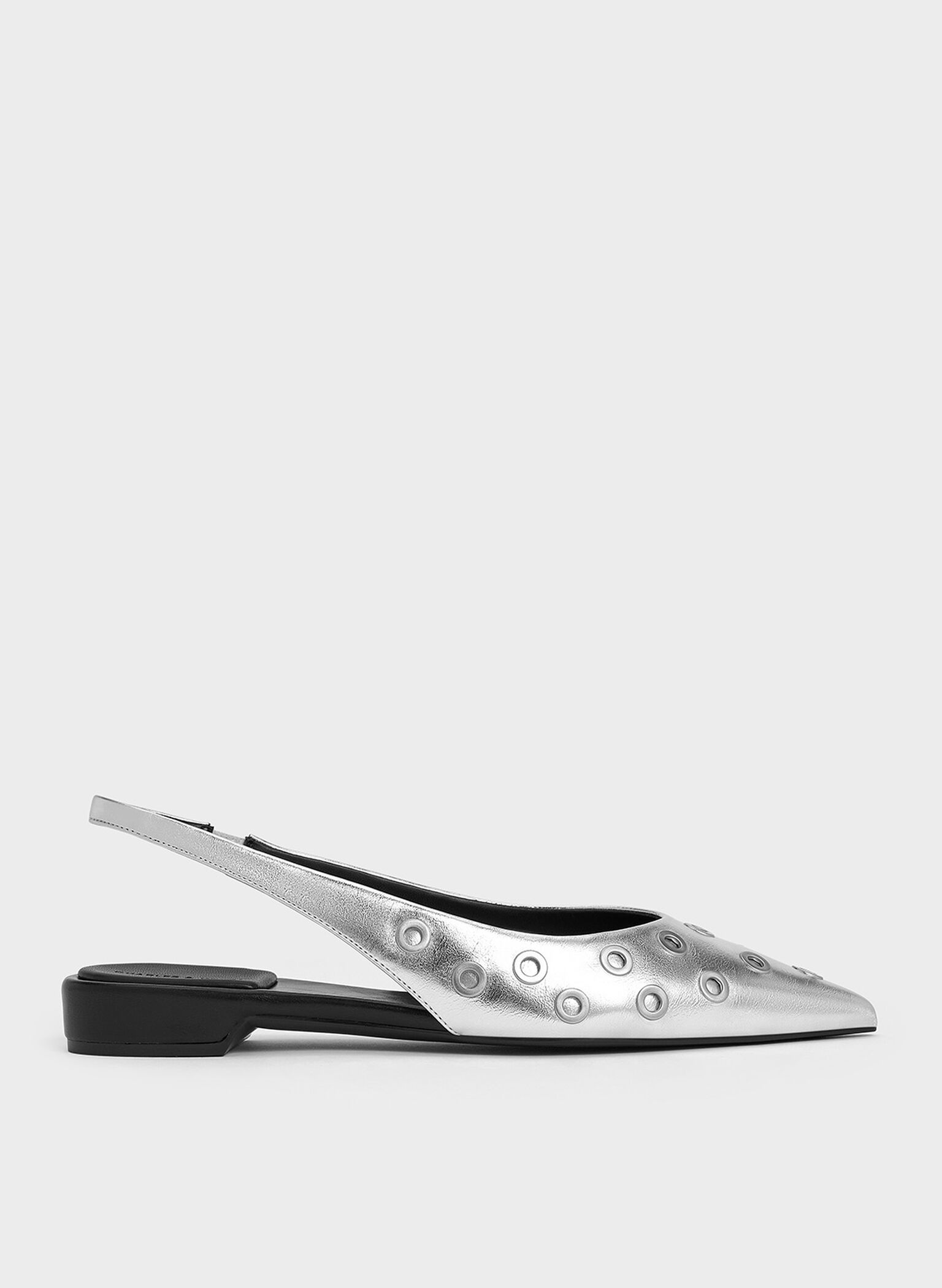 Metallic Grommet Pointed-Toe Slingback Flats, Silver, hi-res