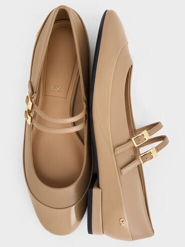 Leather & Patent Double-Strap Mary Jane Flats, Taupe, hi-res