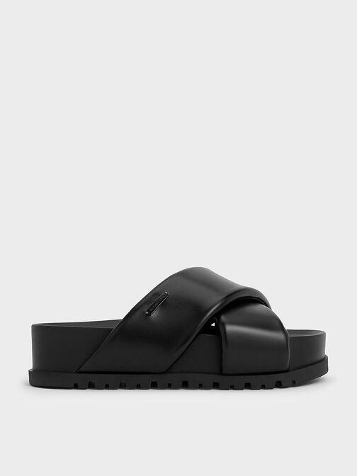 Crossover-Strap Flatform Sandals, Black, hi-res